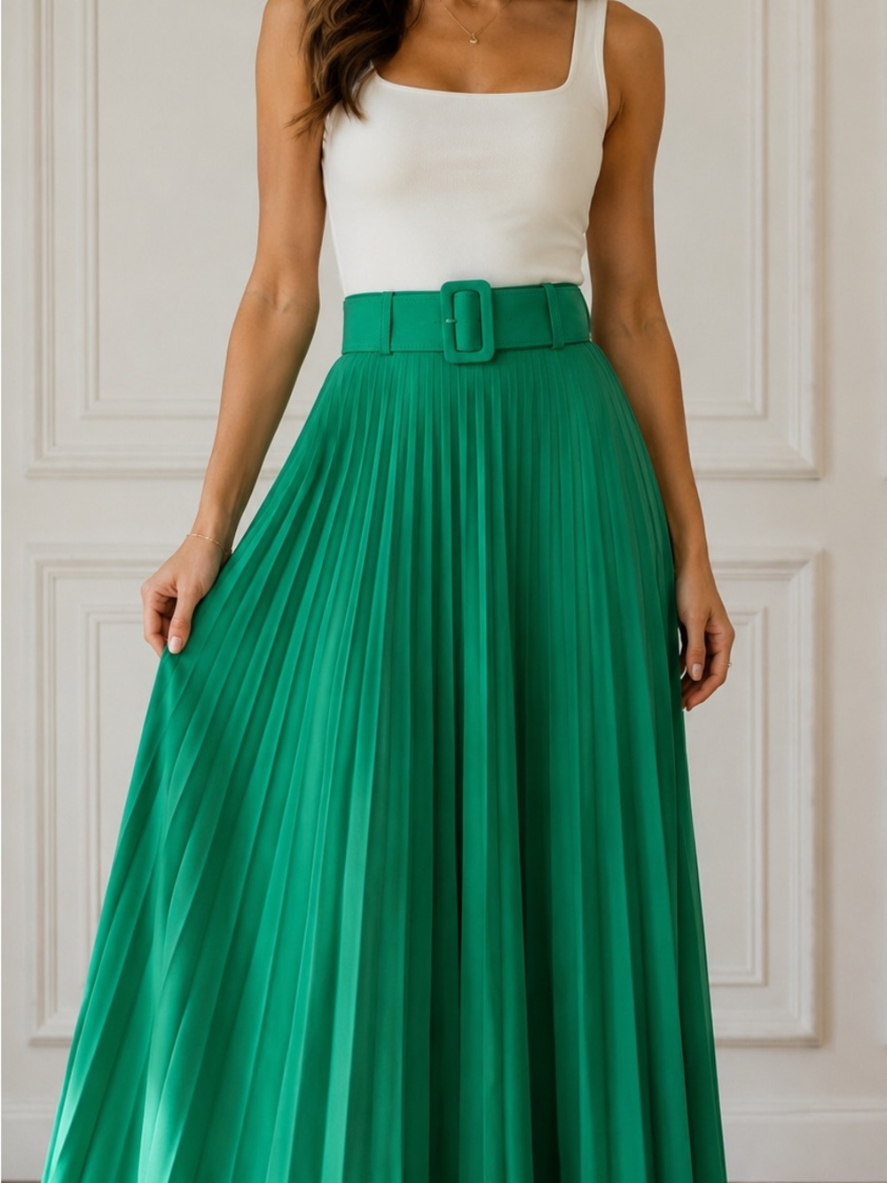 Emerald Pleated Maxi Skirt with Wide Belt